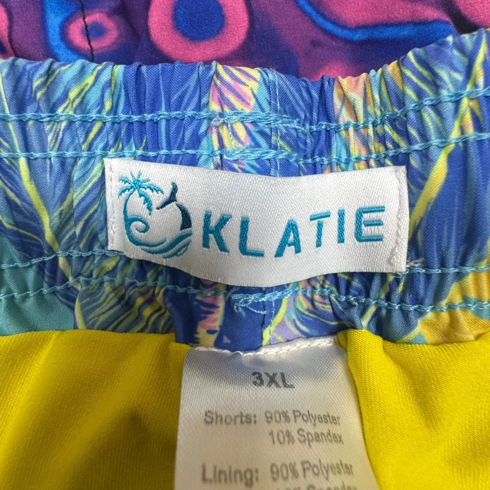 KLATIE Electric Threads Mens Swim Trunks Shorts 3XL Print Blue Yellow Drawstring